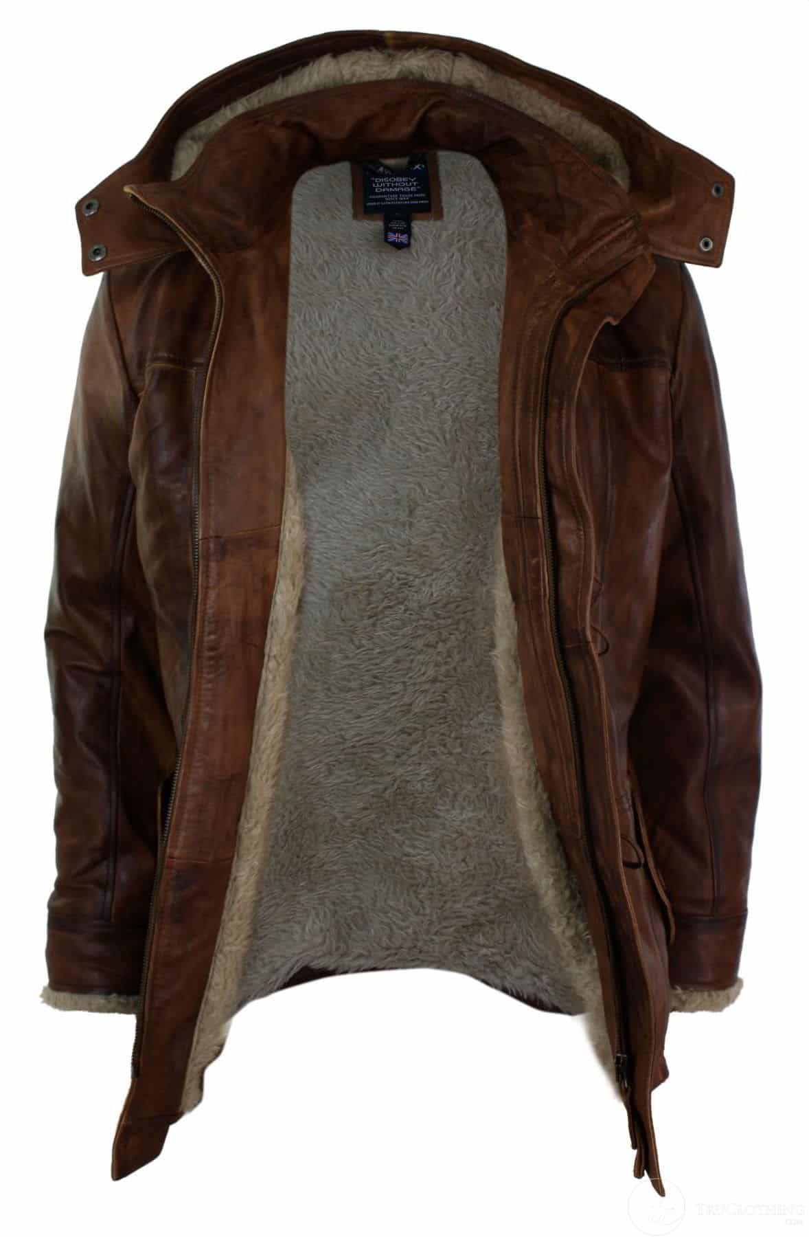 Herrjacka med huva i äkta läder, safari, lång, 3/4-dels päls, tvättad, brun, beige, Nevada Timber