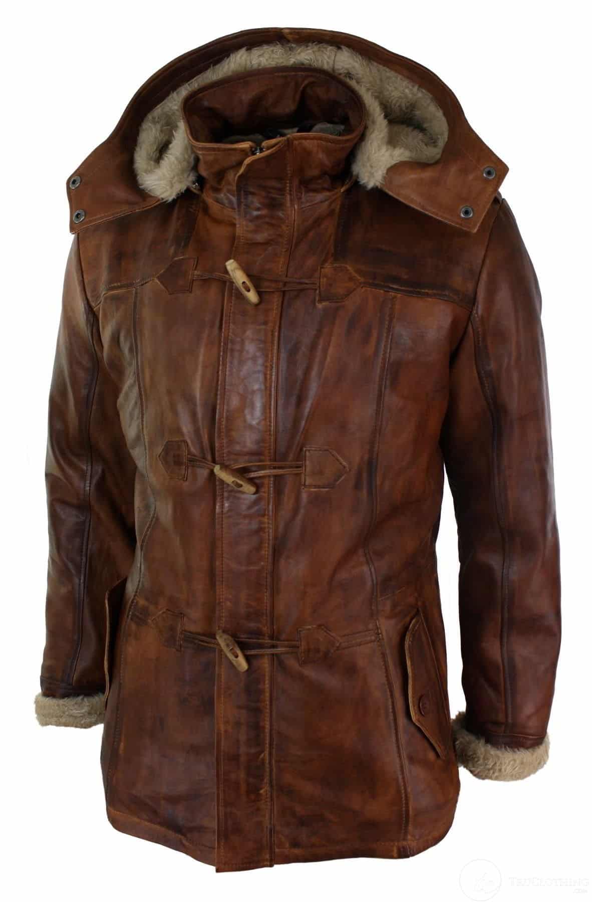 Herrjacka med huva i äkta läder, safari, lång, 3/4-dels päls, tvättad, brun, beige, Nevada Timber