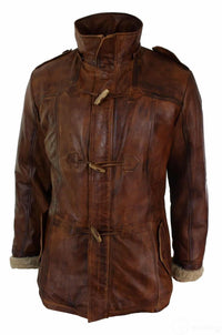 Herrjacka med huva i äkta läder, safari, lång, 3/4-dels päls, tvättad, brun, beige, Nevada Timber