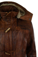 Herrjacka med huva i äkta läder, safari, lång, 3/4-dels päls, tvättad, brun, beige, Nevada Timber