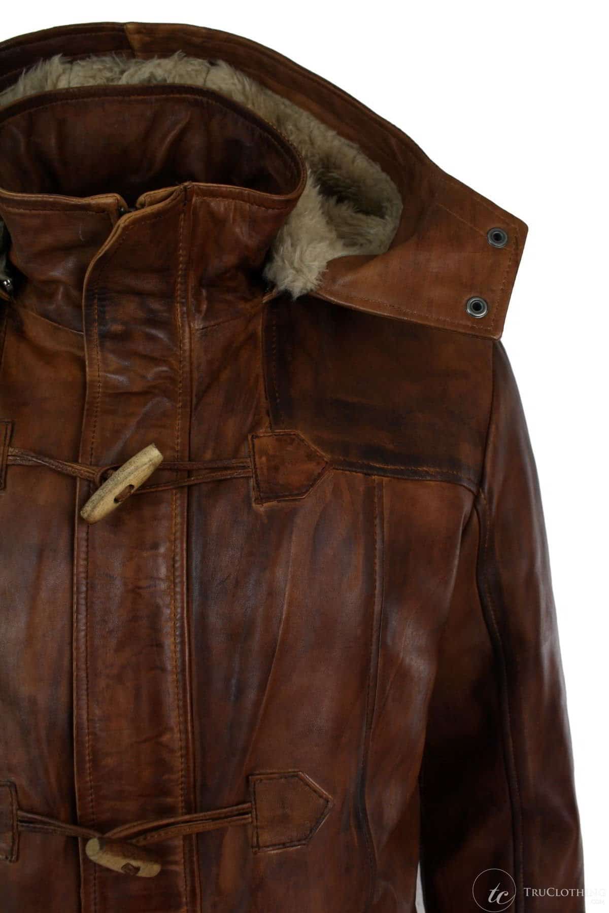 Herrjacka med huva i äkta läder, safari, lång, 3/4-dels päls, tvättad, brun, beige, Nevada Timber