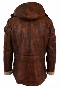 Herrjacka med huva i äkta läder, safari, lång, 3/4-dels päls, tvättad, brun, beige, Nevada Timber