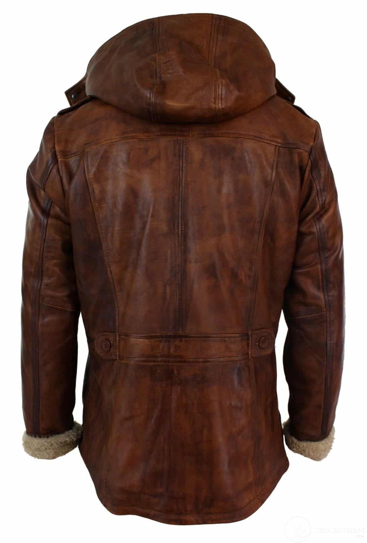 Herrjacka med huva i äkta läder, safari, lång, 3/4-dels päls, tvättad, brun, beige, Nevada Timber