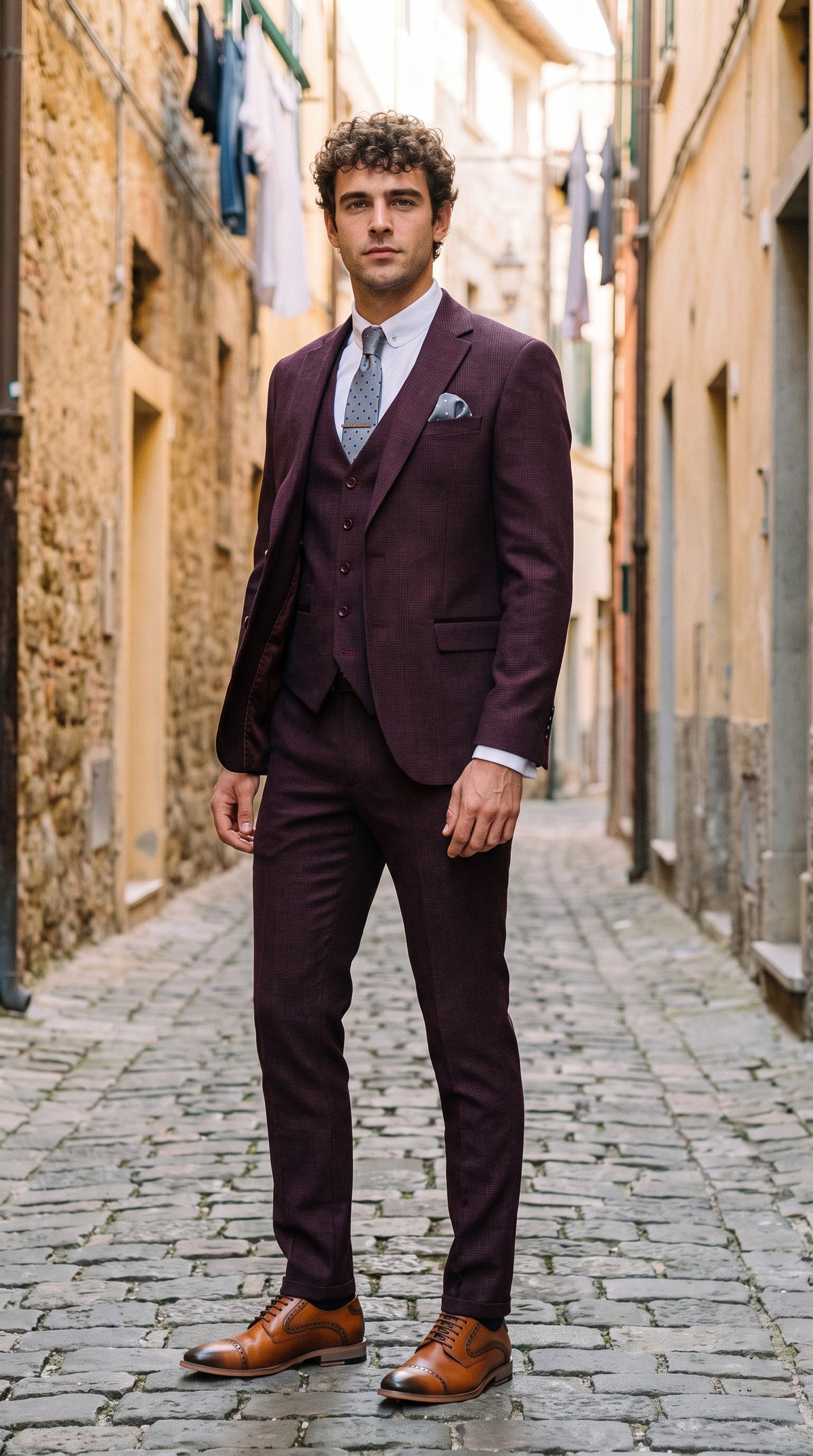 Look #310 styled with Regent - Herrkostym i vinröd, rutig 3-delad Prince of Wales-kostym