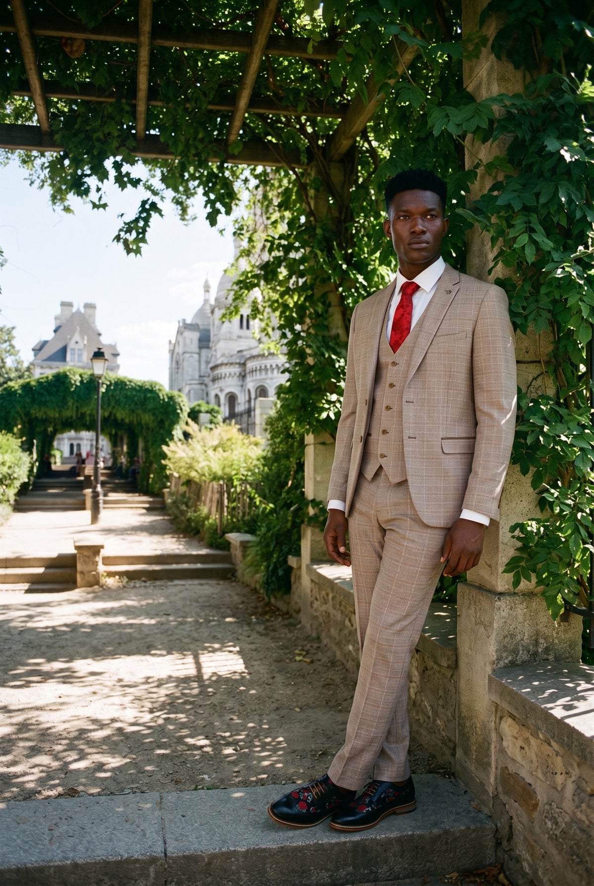 Look #215 styled with Paul Andrew Holland - Herrrutig Tweed Beige Brun 3-delad Kostym Bröllopsbal Vintage Retro Klassisk