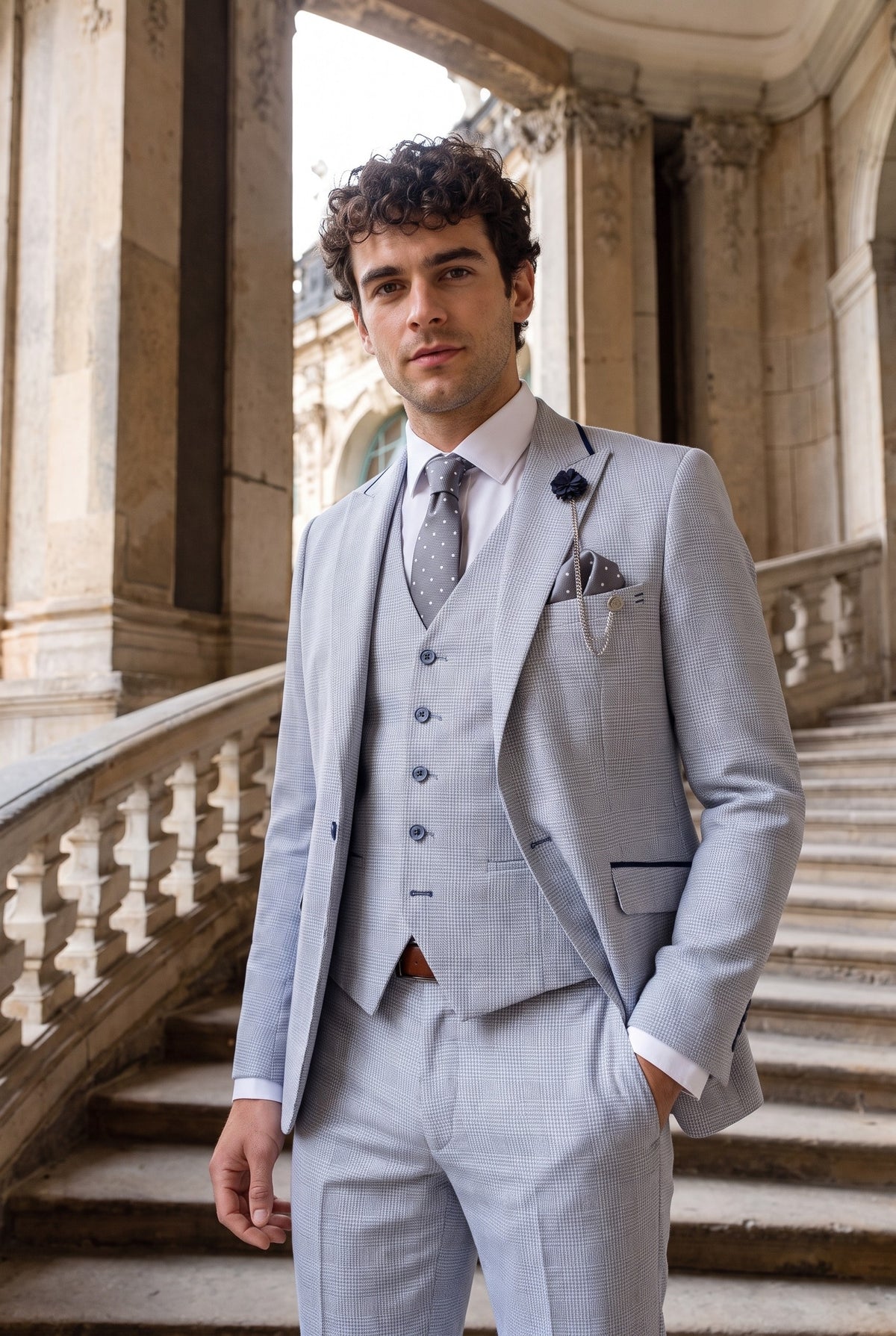 Look #950 styled with Herr 3-delad rutig kostym i tweed ljusblå skräddarsydd passform bröllop peaky klassisk
