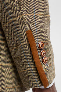 Herrkostym i fiskbensmönstrad tweed med brunrutig passform, dubbel klassisk passform