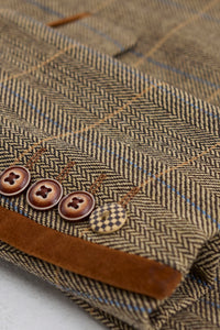 Herrkostym i fiskbensmönstrad tweed med brunrutig passform, dubbel klassisk passform