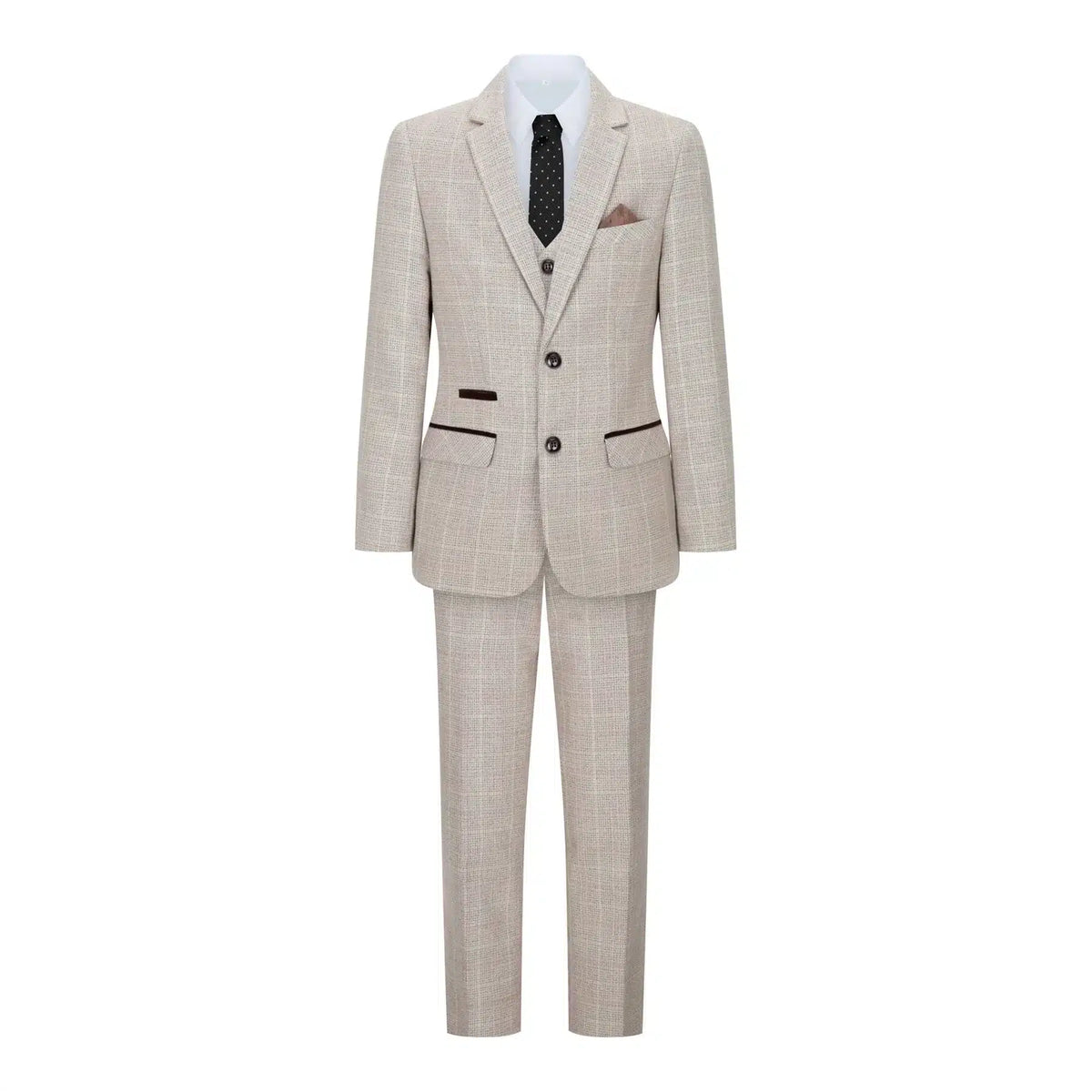 Pojkar Rutig Tweed Beige Brun 3-delad Kostym Bröllop Vintage Retro Klassisk