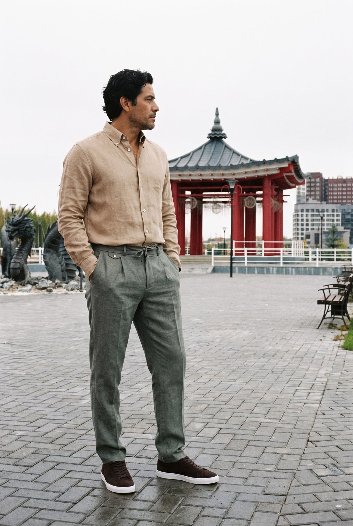 Look #1030 styled with Herrskjorta i kamelbrun linne, långärmad, sommarskjorta med knappar