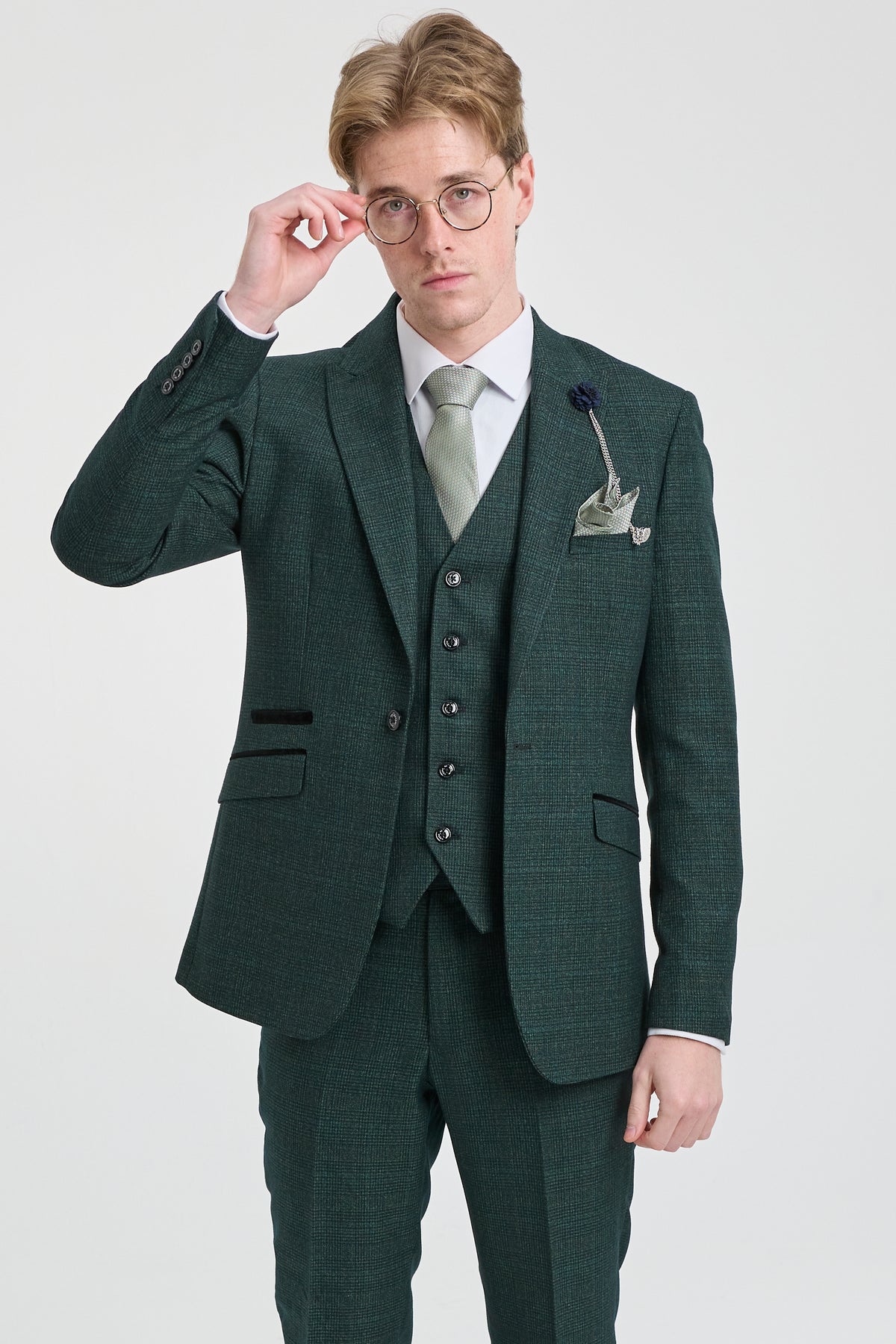Herr 3-delad rutig kostym i tweed, olivgrön, skräddarsydd passform, bröllop, klassisk stil, Peaky