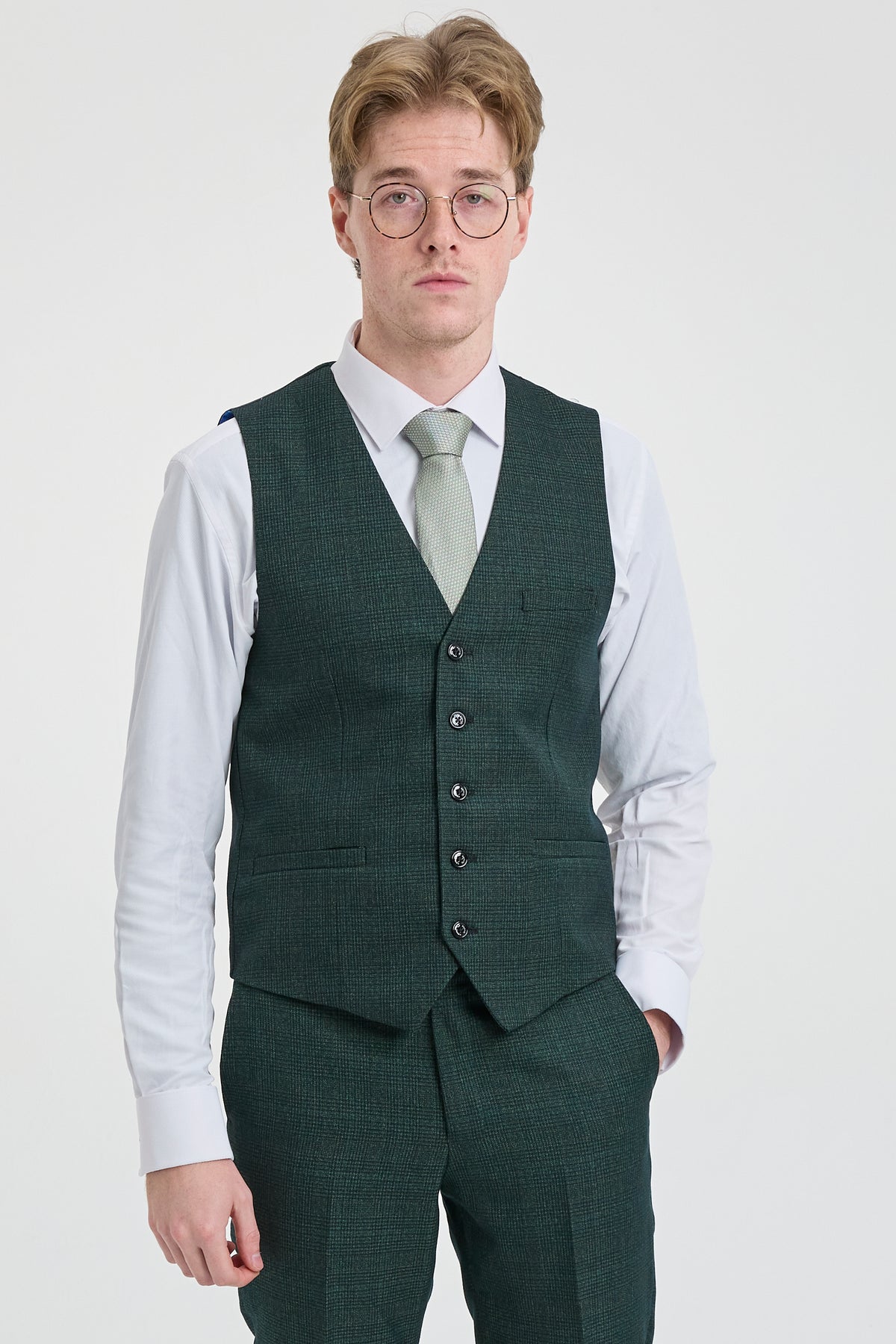 Herr 3-delad rutig kostym i tweed, olivgrön, skräddarsydd passform, bröllop, klassisk stil, Peaky