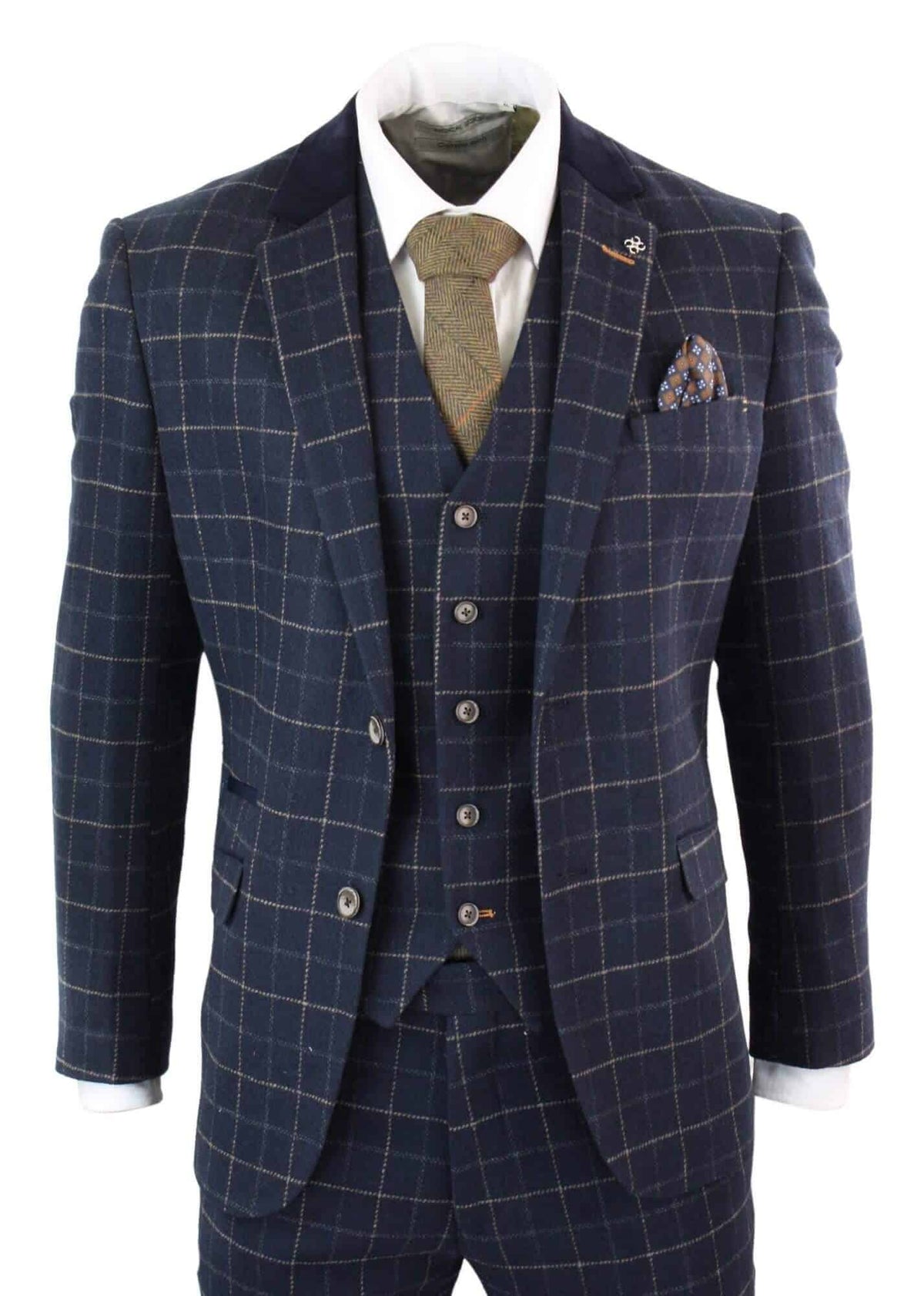 Cavani Shelby - Herr Marinblå 3-delad Fiskbensrutig Kostym Vintage Retro Peaky Blinders Tweed