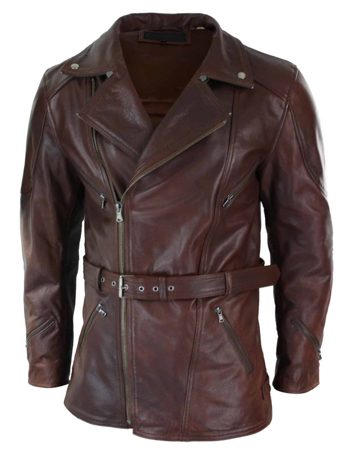 Herr Cross Zip Belted Timber Brun 3/4 Motorcykel Biker Lång Läderjacka CE Armour