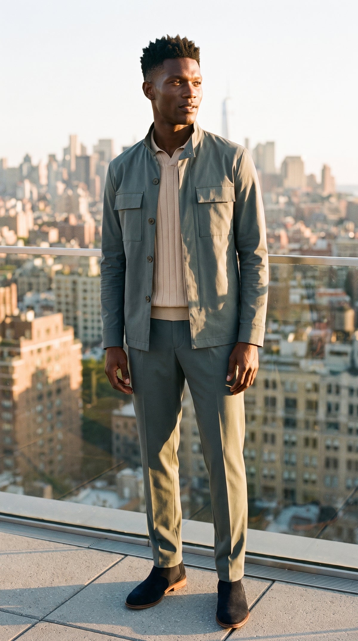 Look #404 styled with Herrset med safarijacka i bomullsblandning och beige byxor, elegant och avslappnad outfit