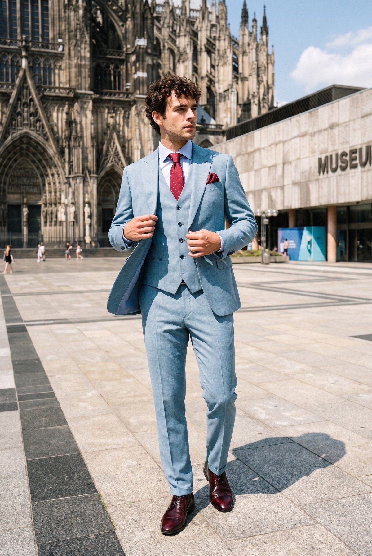 Look #953 styled with James - Ljusblå 3-delad texturerad kostym för män