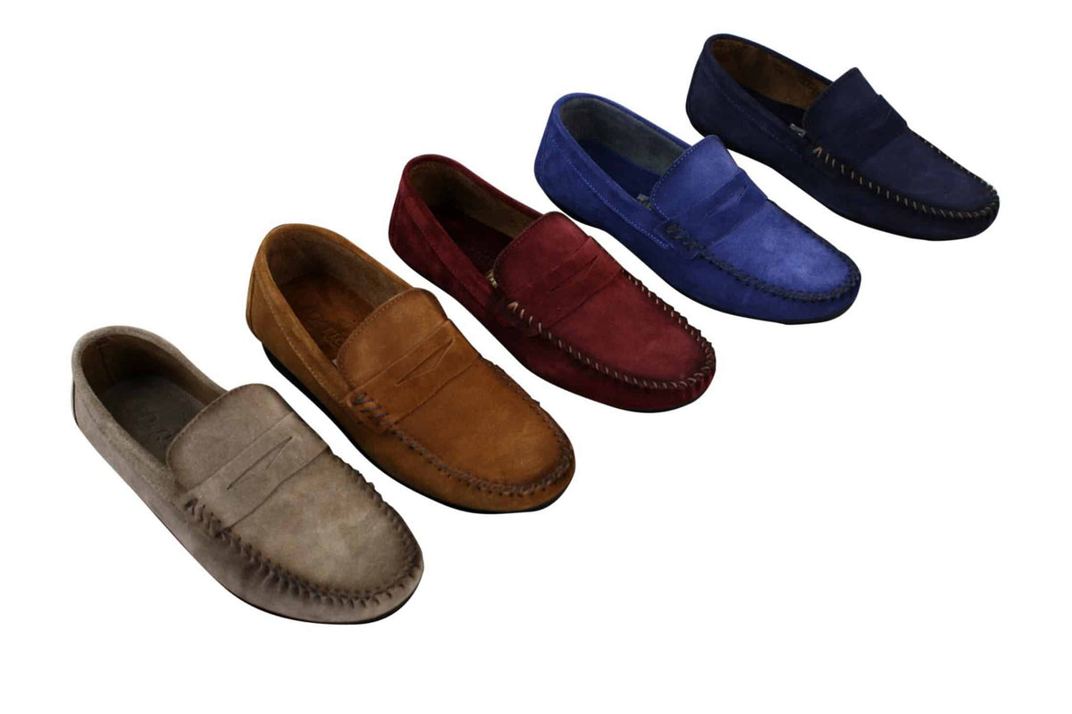 Herrskor i äkta mocka, tvättade designerslip-on, mockasiner och eleganta vardagsskor