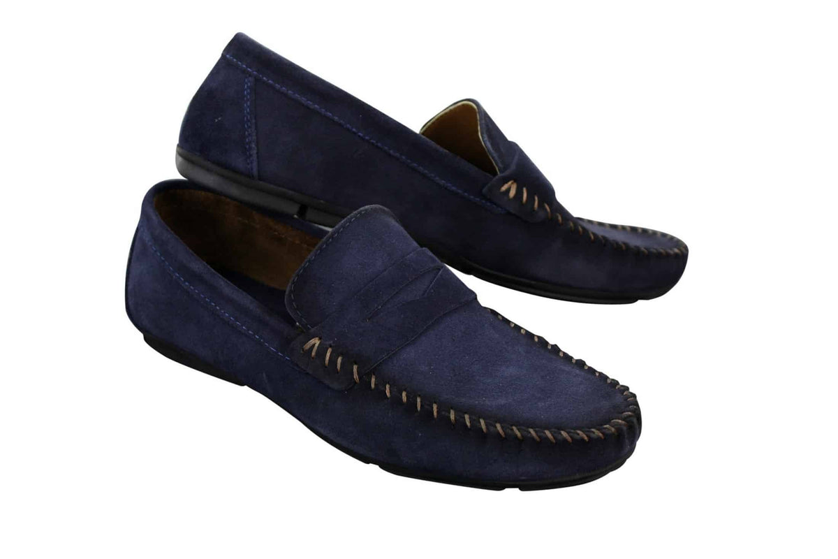 Herrskor i äkta mocka, tvättade designerslip-on, mockasiner och eleganta vardagsskor