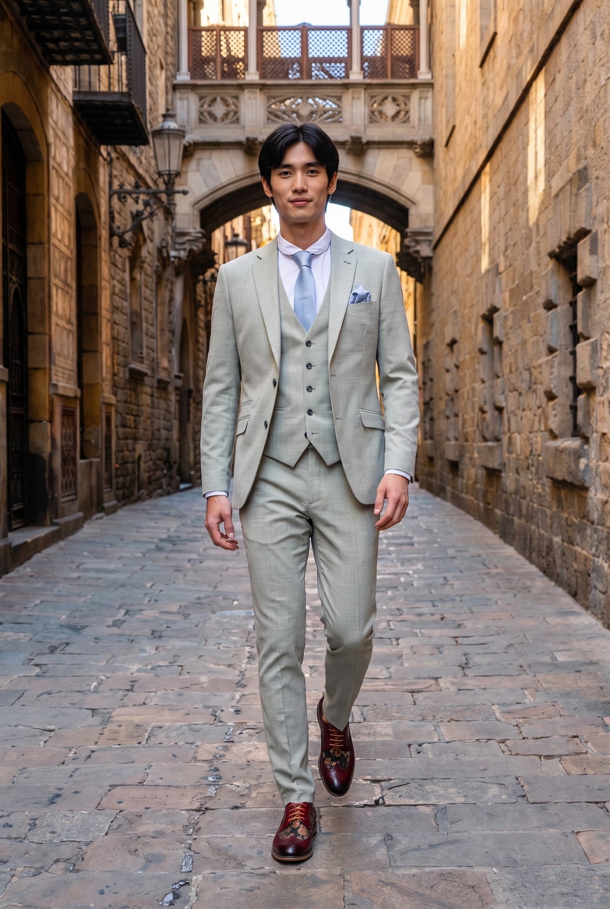 Look #238 styled with Camden - Herrkostym i salviagrön 3-delad skräddarsydd passform