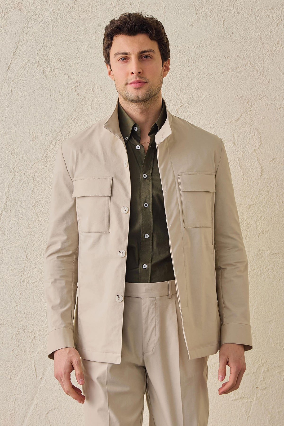 Beige utilityjacka för män Lätt bomullsblandad elegant casualjacka