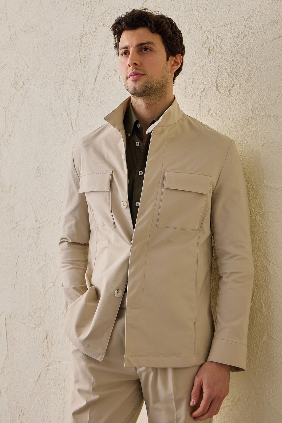 Beige utilityjacka för män Lätt bomullsblandad elegant casualjacka