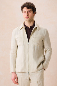 Herr Beige Linne Kostym med Dragkedja Framtill, Safaristil Sommar