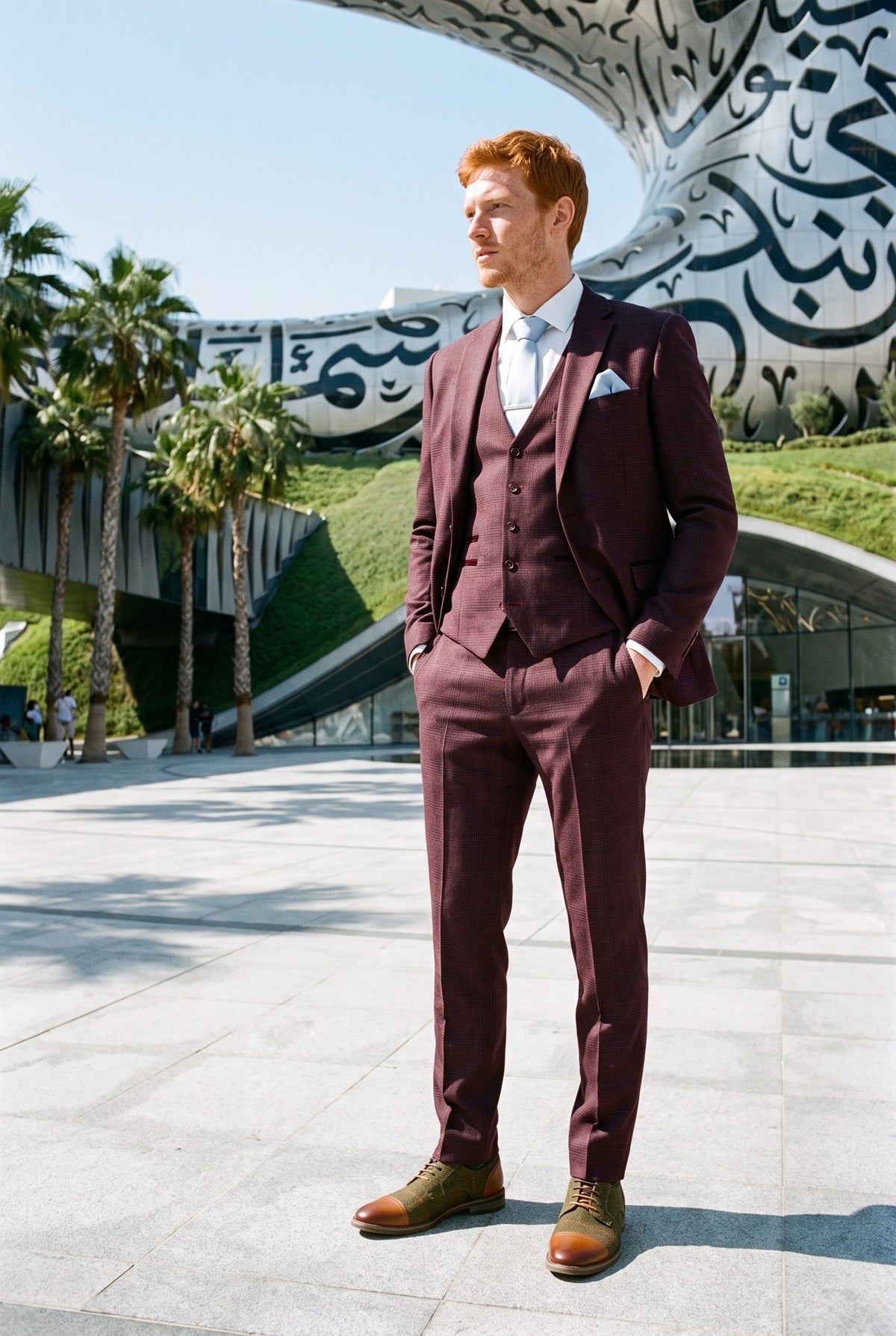 Look #286 styled with Regent - Herrkostym i vinröd, rutig 3-delad Prince of Wales-kostym