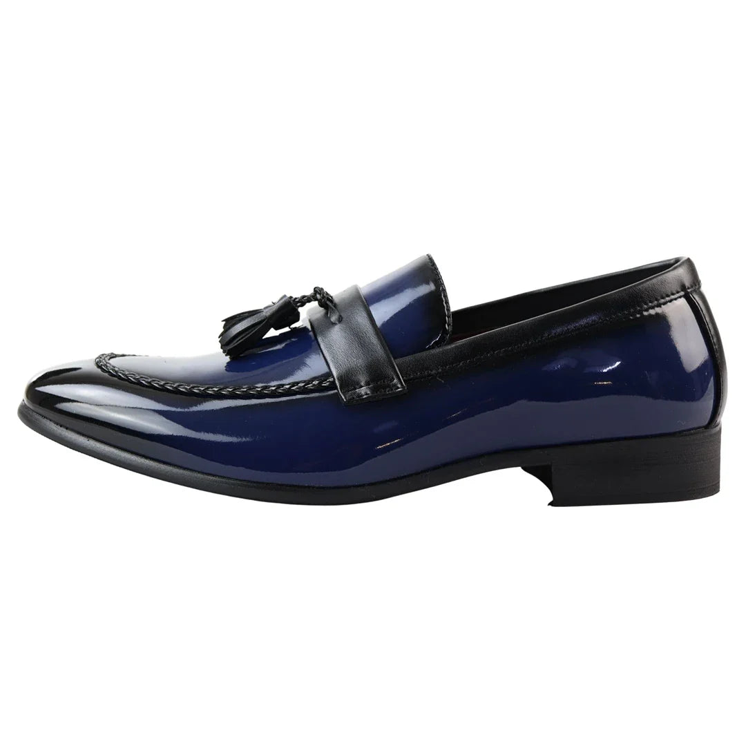 Herrloafers med tofsmönster i lack, blå