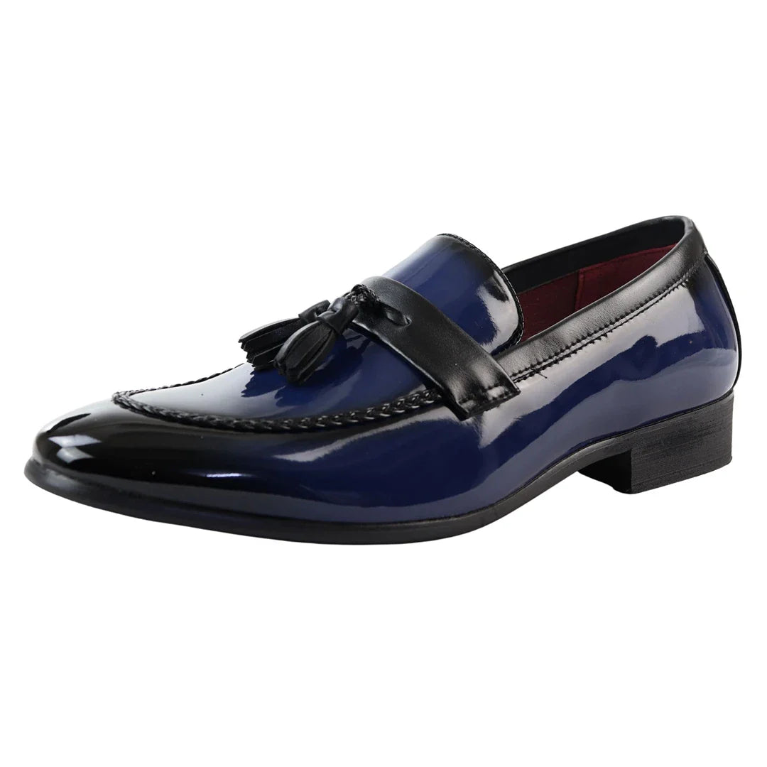 Herrloafers med tofsmönster i lack, blå