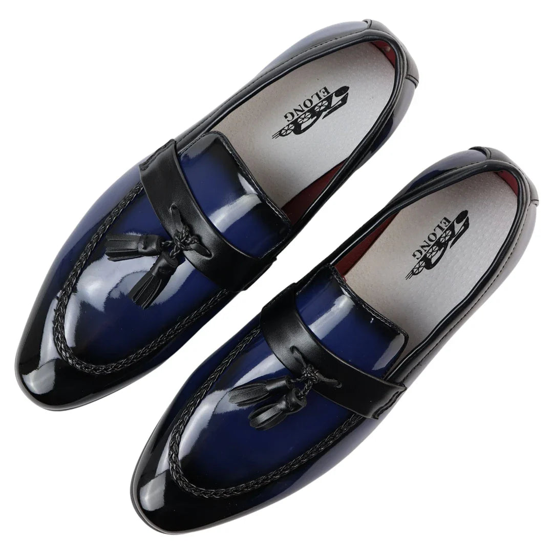 Herrloafers med tofsmönster i lack, blå