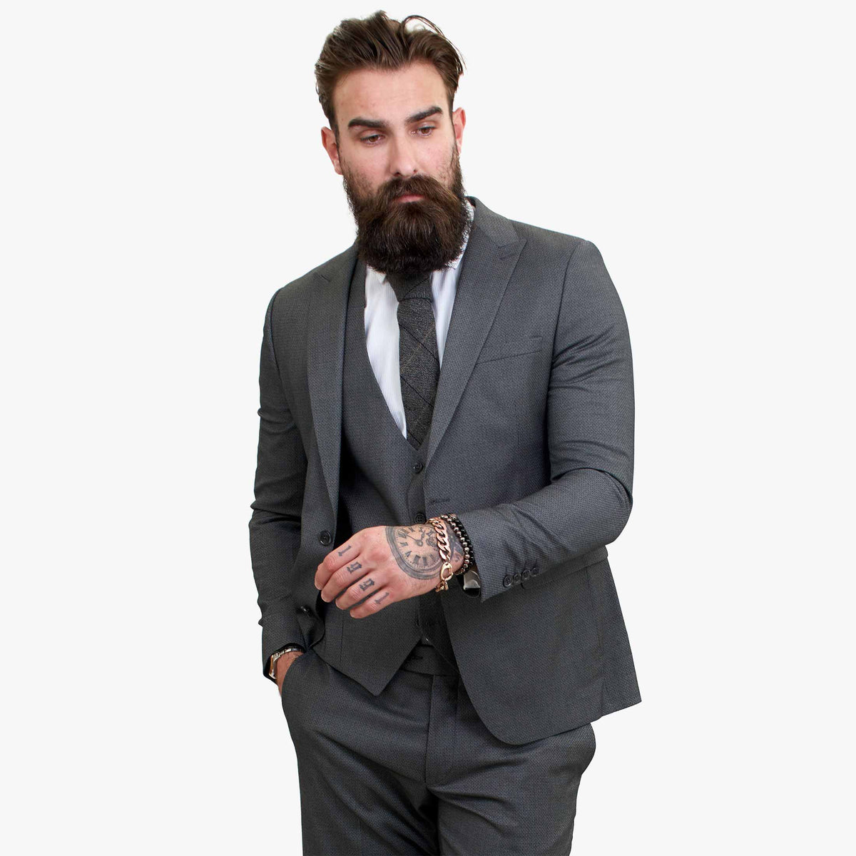 Happy Gentleman MIROLE Grå Skräddarsydd Kostym i 3 Delar med Ylle