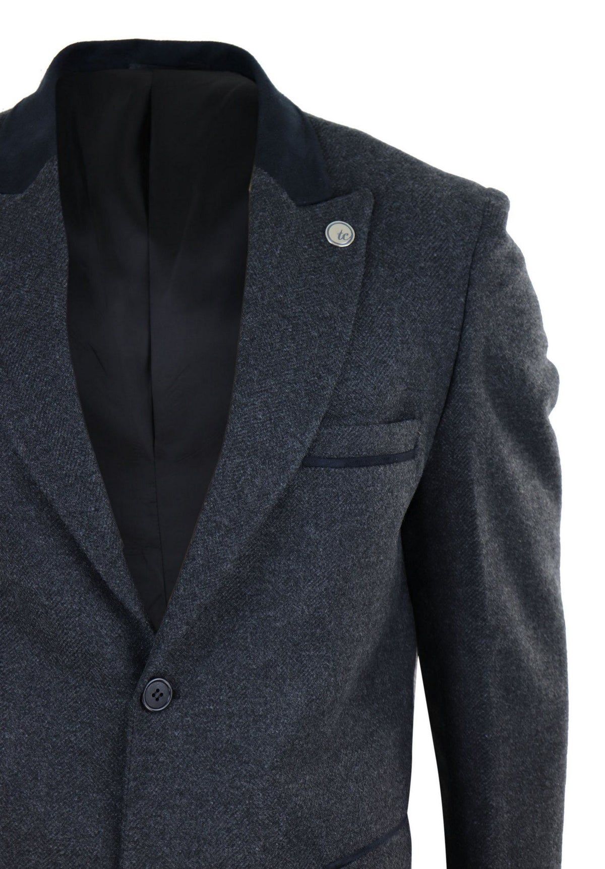 Fiskbensmönstrad Tweed 3/4 Lång Överrock - Antracitgrå
