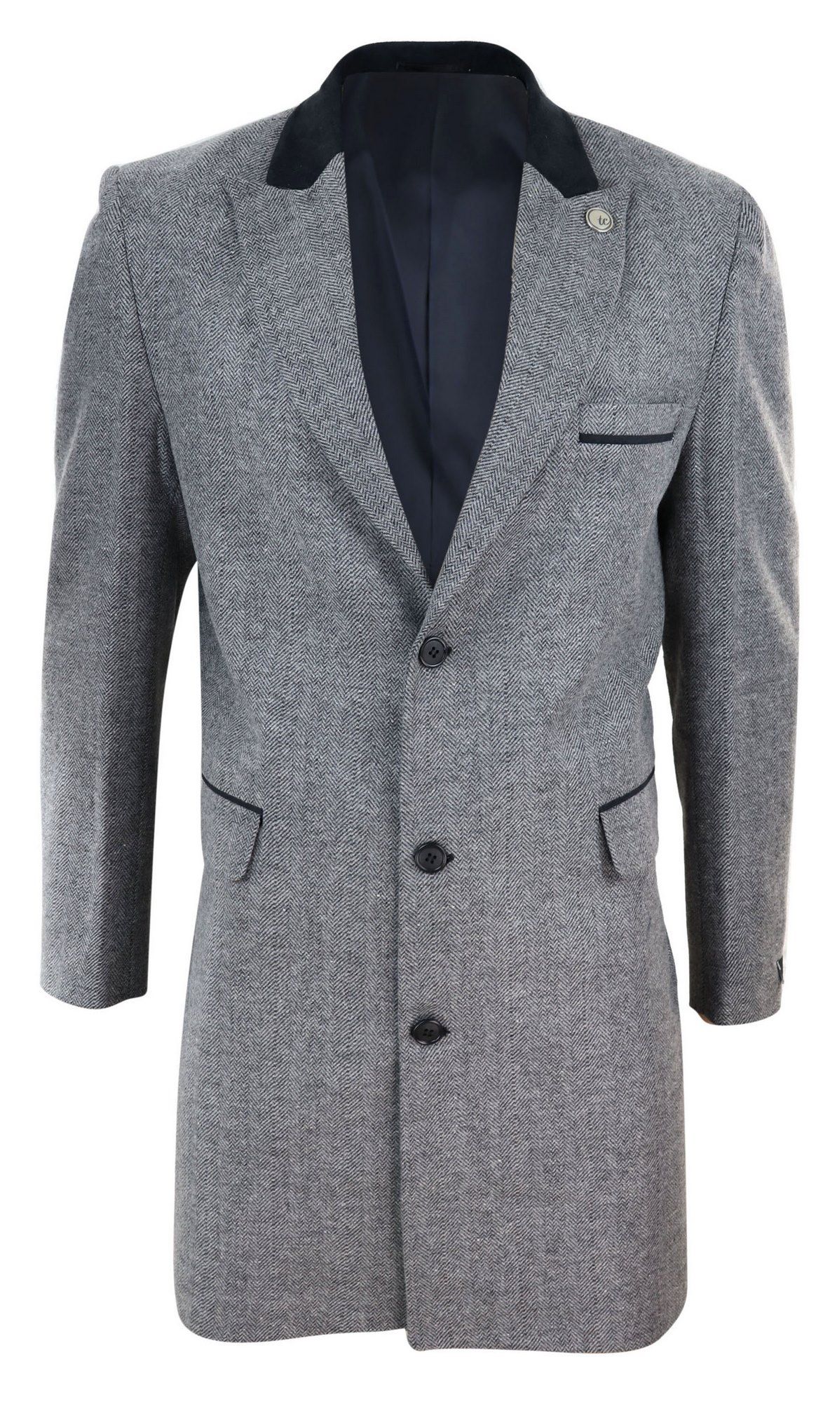 Fiskbensmönstrad tweed 3/4 lång överrock - Grå