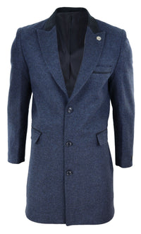 Fiskbensmönstrad tweed 3/4 lång överrock - Marinblå