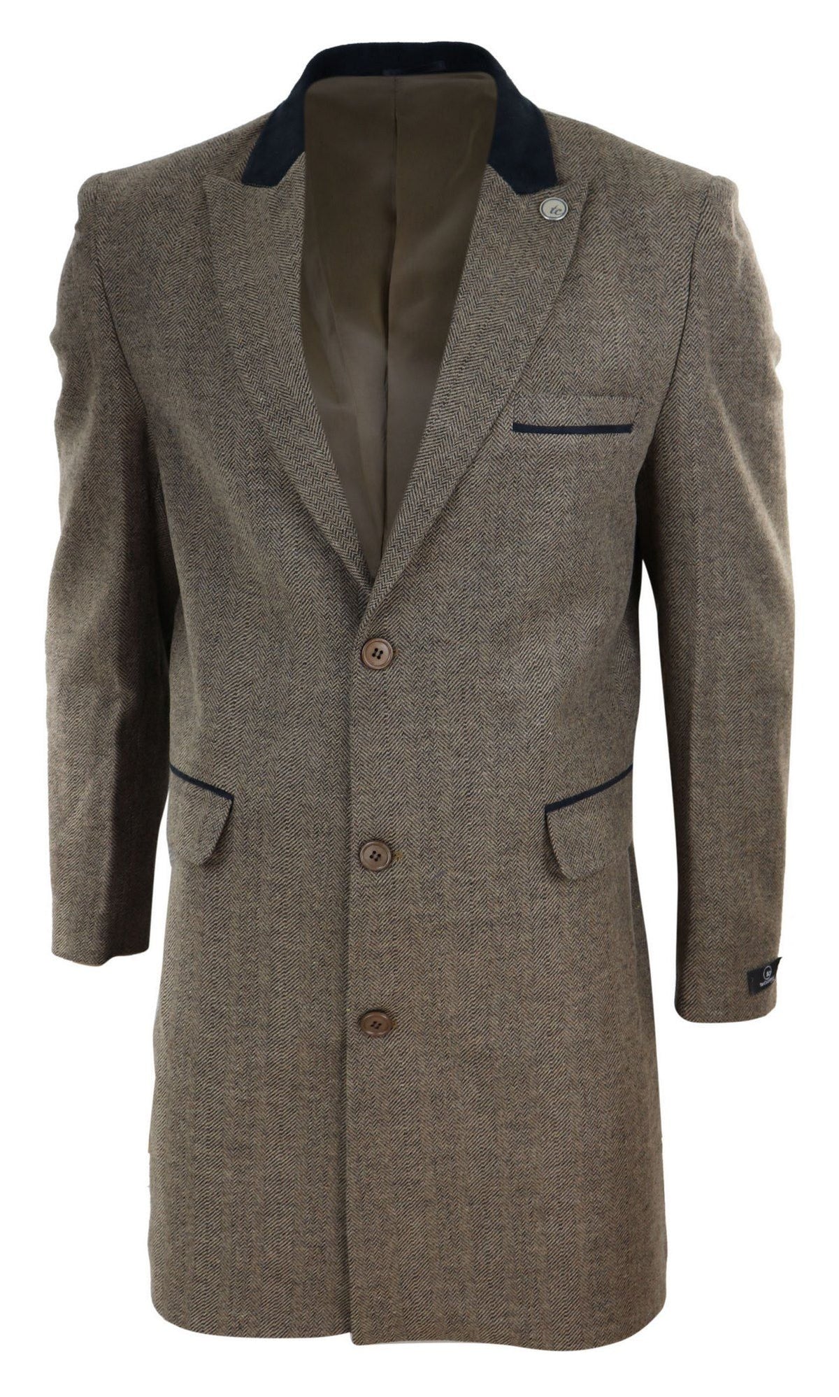 Fiskbensmönstrad Tweed 3/4 Lång Överrock - Ek