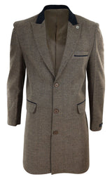 Fiskbensmönstrad Tweed 3/4 Lång Överrock - Ek
