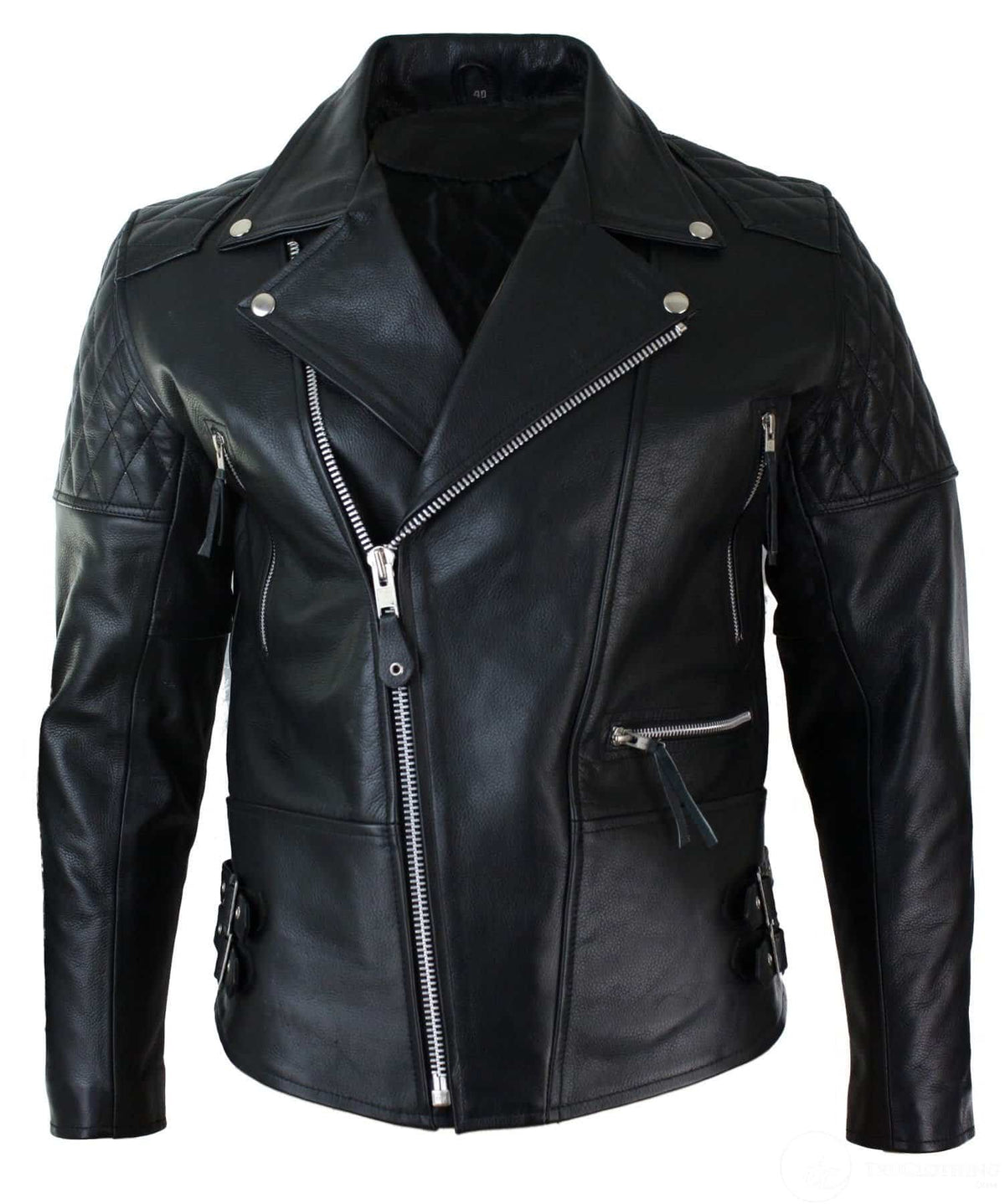 Äkta Läder Cross Zip Vadderad Kohud Herr Bikerjacka Vit Svart Brando Vintage-Svart