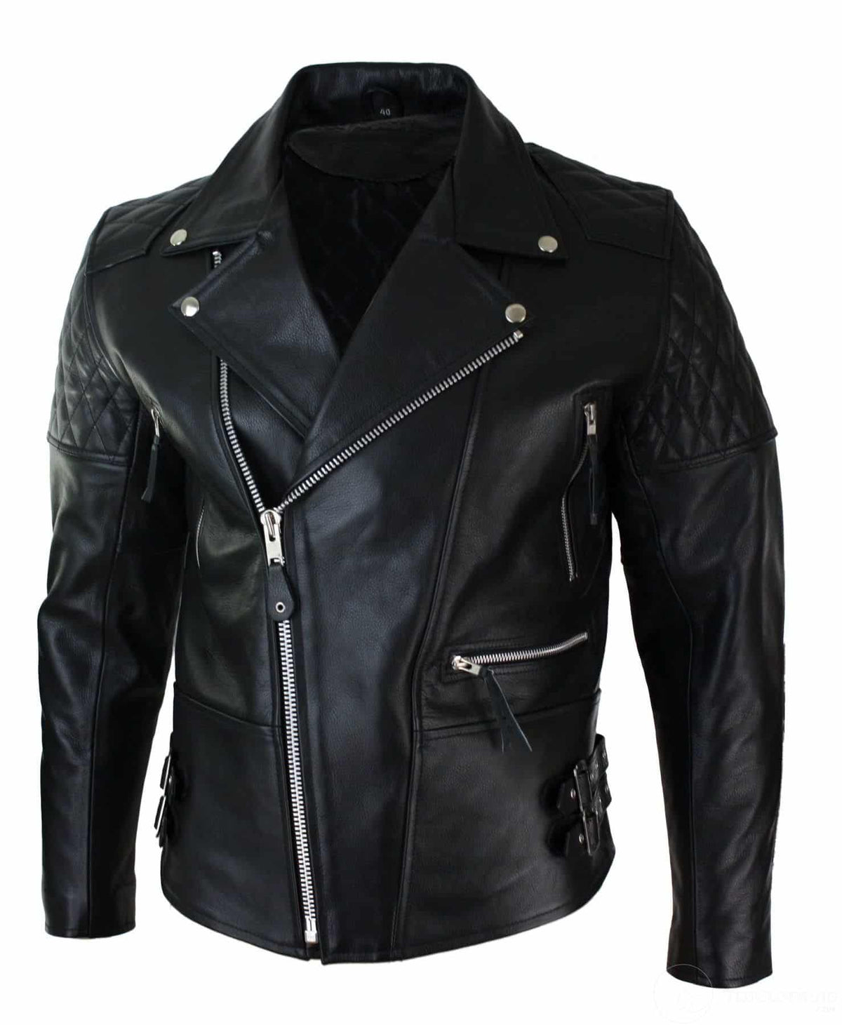 Äkta Läder Cross Zip Vadderad Kohud Herr Bikerjacka Vit Svart Brando Vintage-Svart