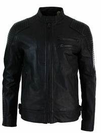 Äkta Läder Slim Fit Tvättad Svart Dragkedja Herr Bikerjacka Kort Casual