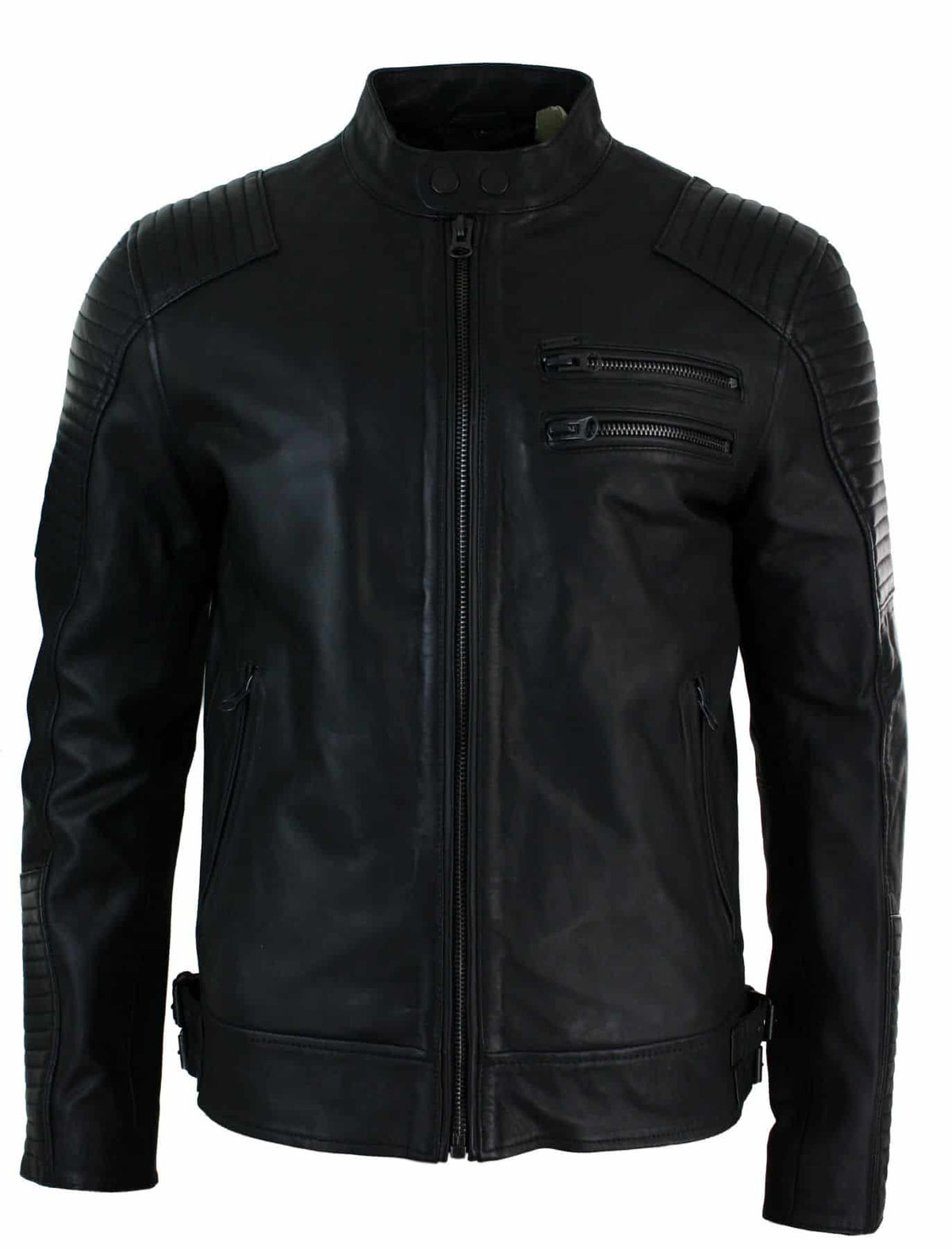 Äkta Läder Slim Fit Tvättad Svart Dragkedja Herr Bikerjacka Kort Casual