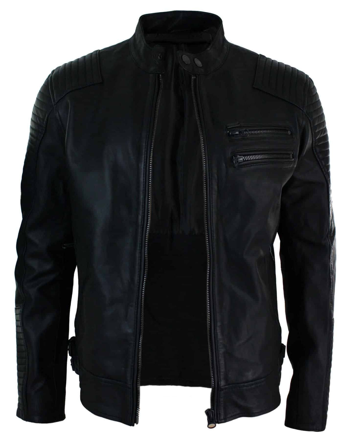 Äkta Läder Slim Fit Tvättad Svart Dragkedja Herr Bikerjacka Kort Casual