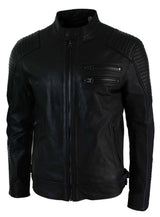 Äkta Läder Slim Fit Tvättad Svart Dragkedja Herr Bikerjacka Kort Casual