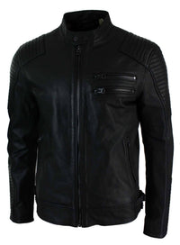 Äkta Läder Slim Fit Tvättad Svart Dragkedja Herr Bikerjacka Kort Casual