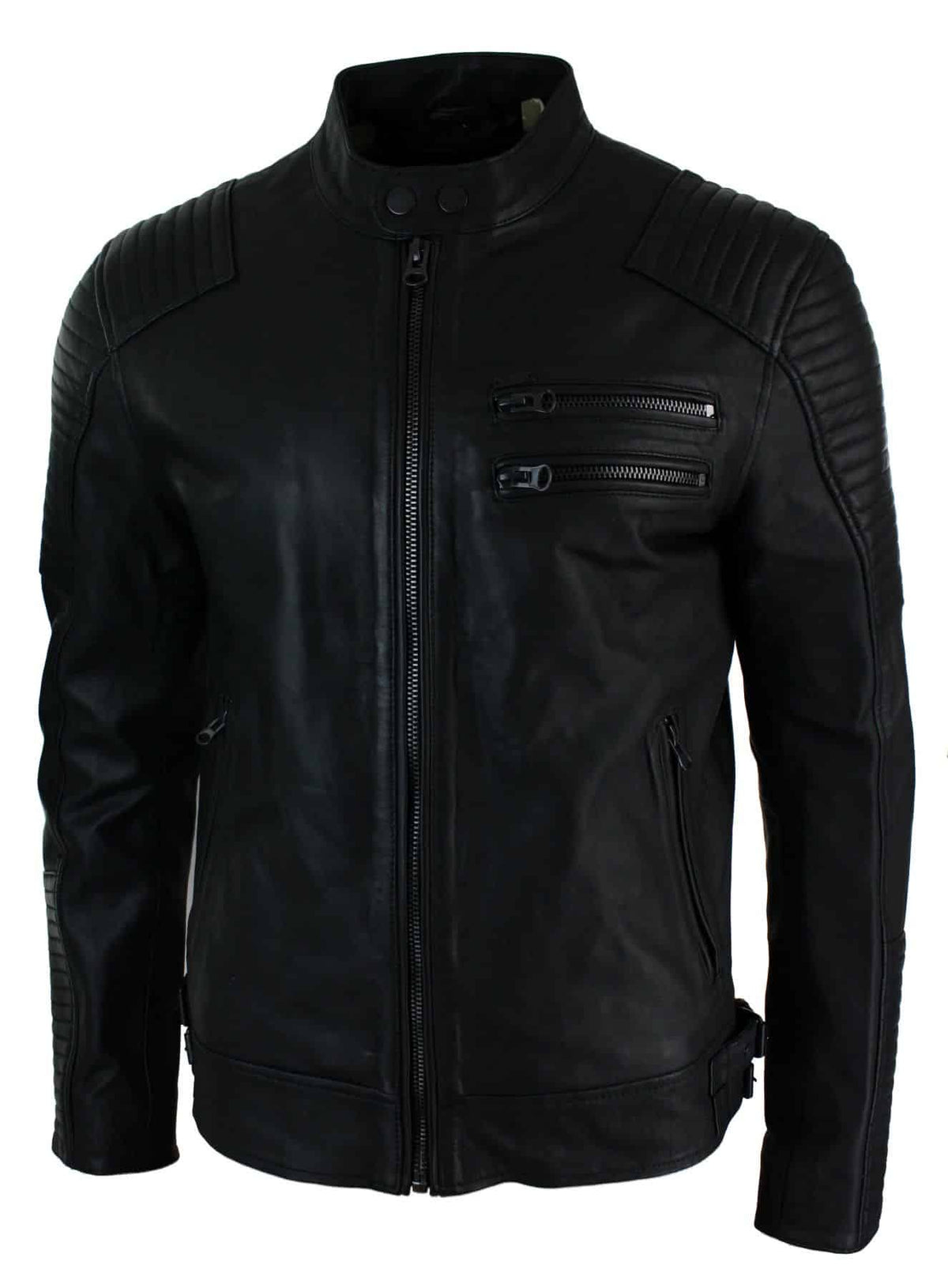 Äkta Läder Slim Fit Tvättad Svart Dragkedja Herr Bikerjacka Kort Casual