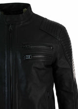 Äkta Läder Slim Fit Tvättad Svart Dragkedja Herr Bikerjacka Kort Casual