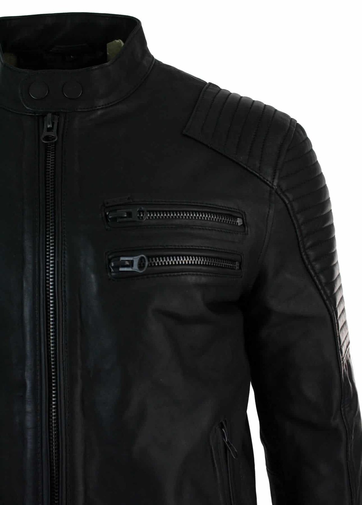 Äkta Läder Slim Fit Tvättad Svart Dragkedja Herr Bikerjacka Kort Casual