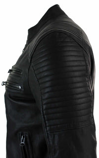 Äkta Läder Slim Fit Tvättad Svart Dragkedja Herr Bikerjacka Kort Casual
