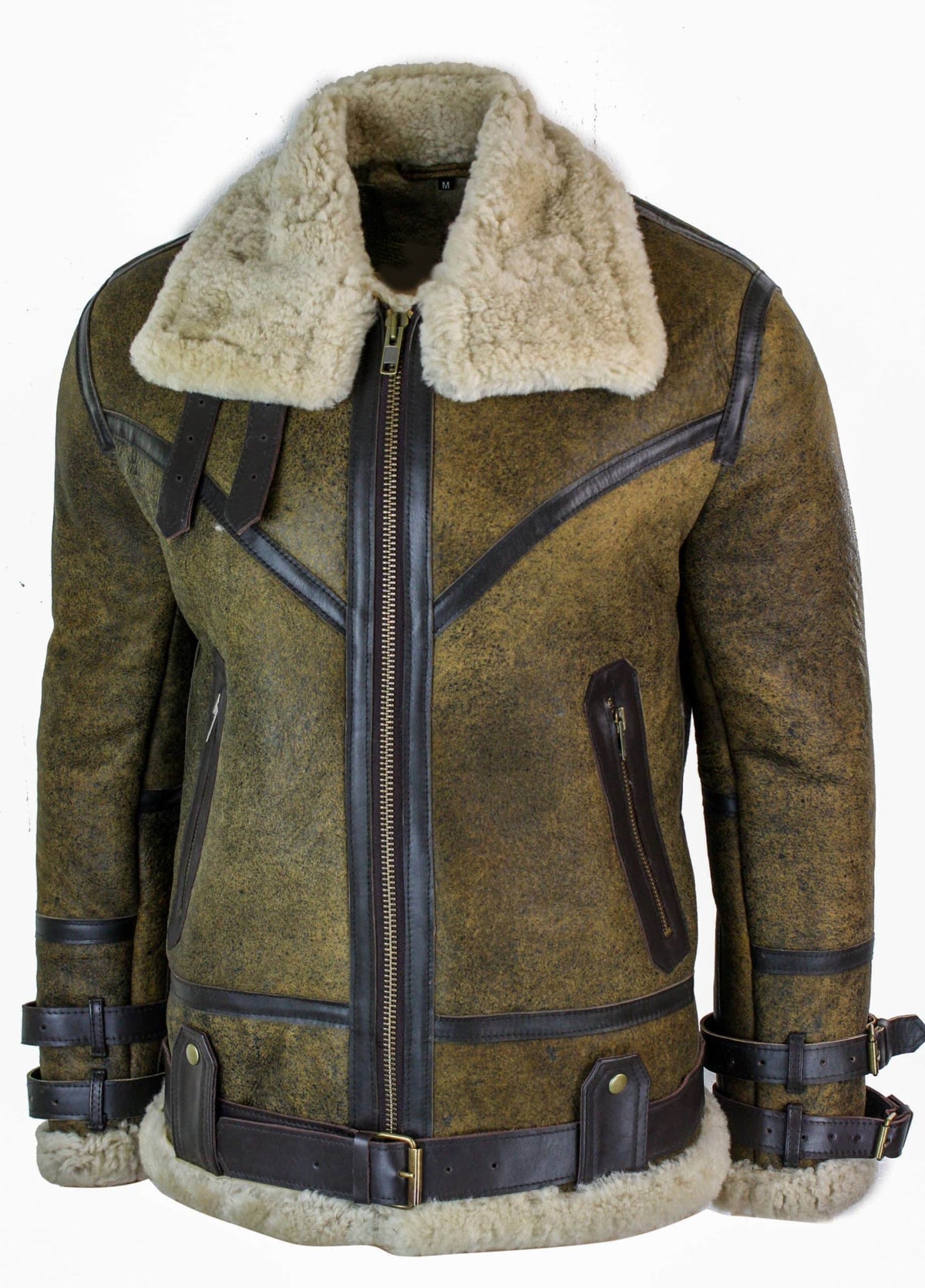 Infinity EK01 Herr Sherling Äkta Fårskinnsläder Viking Vintage RAF Jacka Brun Krämfärgad Päls