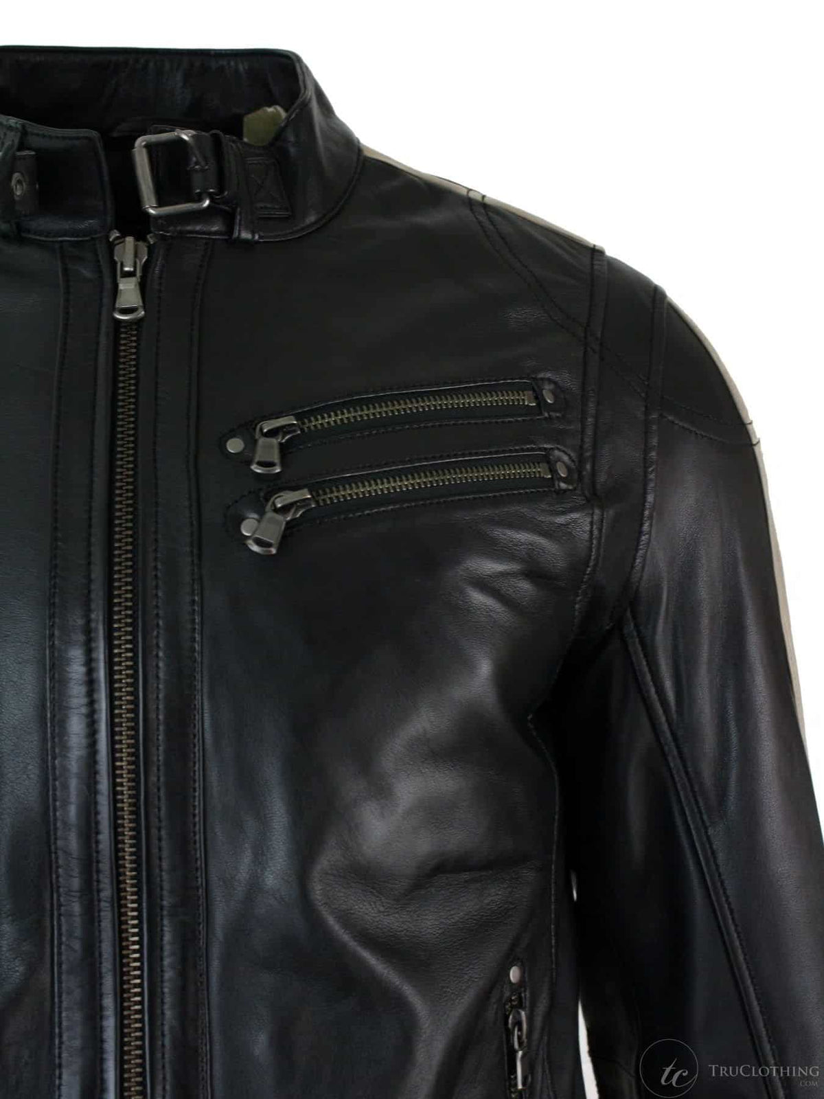 Äkta Läder Slim Fit Kort Herr Biker Racing Jacka Randiga Ärmar Blixtlås