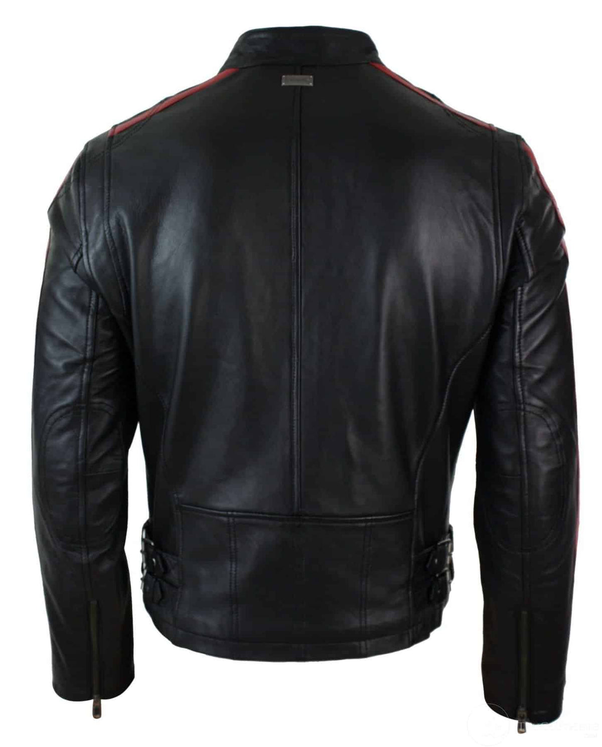 Äkta Läder Slim Fit Kort Herr Biker Racing Jacka Randiga Ärmar Blixtlås